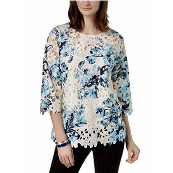 Charter Club Women's Size S Crochet Lace Overlay Top 3/4 Sleeves  @ - Picture 1 of 6